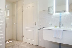Ducha, secador de pelo, toallas, jabón