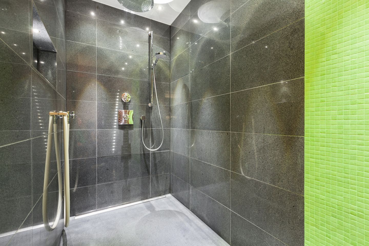 A modern shower area with dark tiles and a green accent wall.