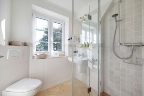 Shower, hair dryer, towels, soap