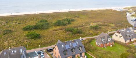 A residential area with houses, a beach, and a road.