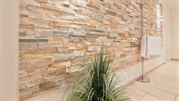 Un baño con pared de piedra, un perchero y una planta.