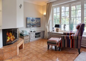 Télévision, cheminée, lecteur de DVD, chaîne hi-fi