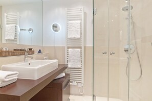 Hair dryer, towels, soap