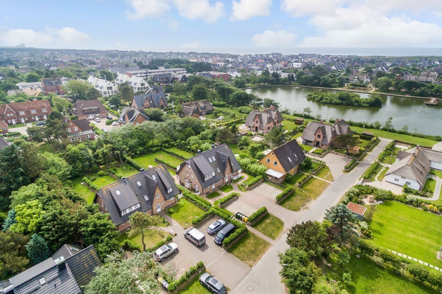 A residential area with houses, a lake, and a distant cityscape.
