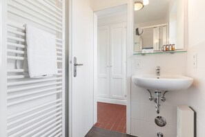 Hair dryer, towels, soap