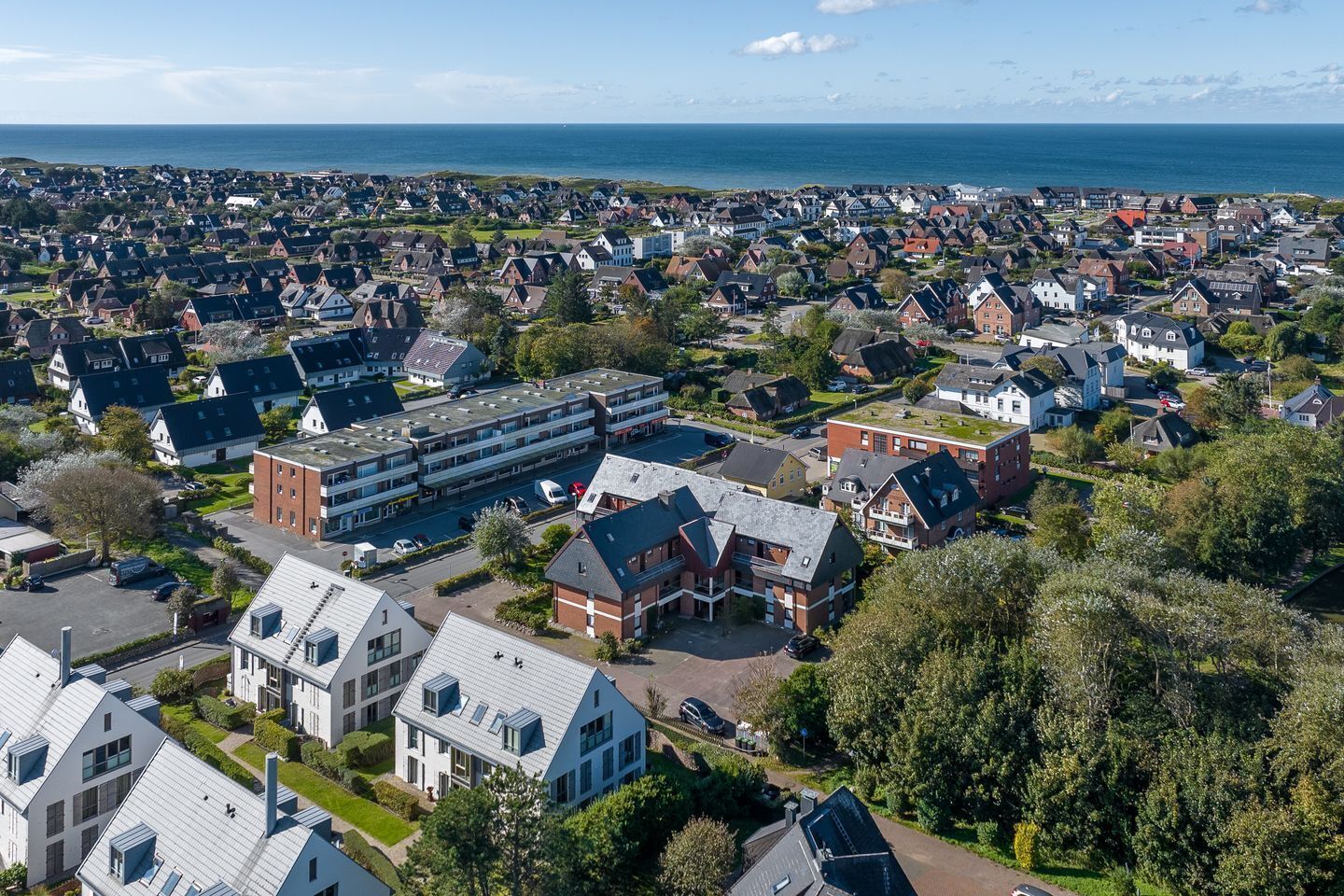 Oversigtsbillede af et boligområde med huse, en skole og et stort vandområde i baggrunden.