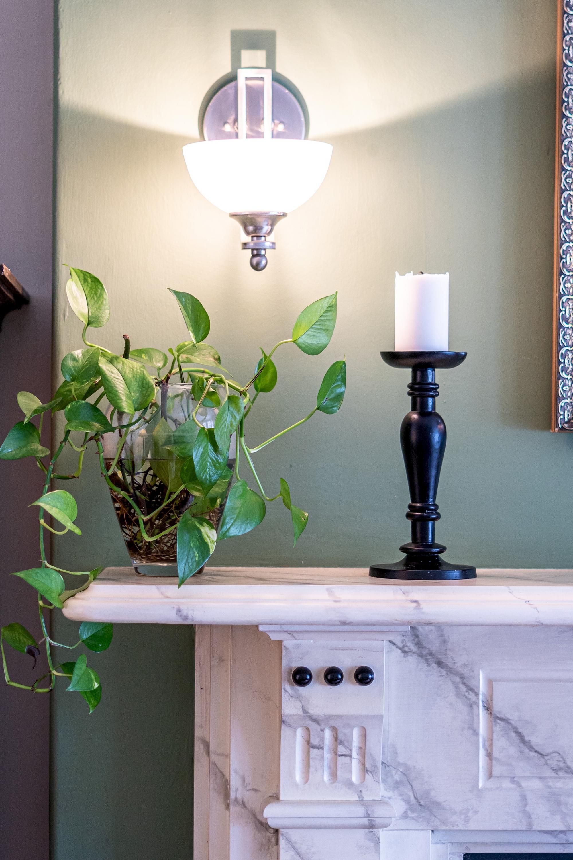 Una chimenea de mármol con un candelabro y una planta en el repisa.