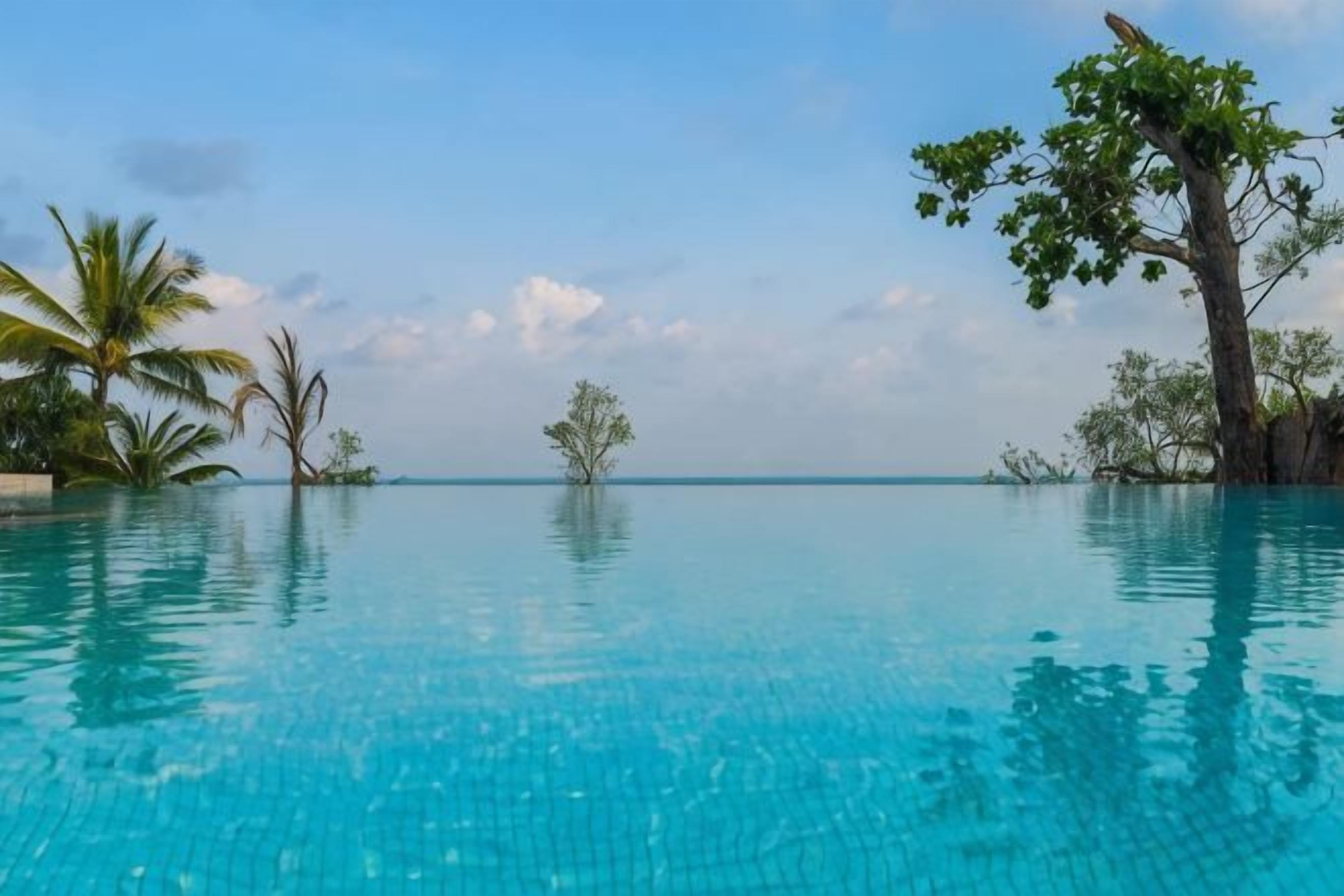 Una piscina azul cristalina con agua tranquila, rodeada de árboles y palmeras, bajo un cielo despejado.