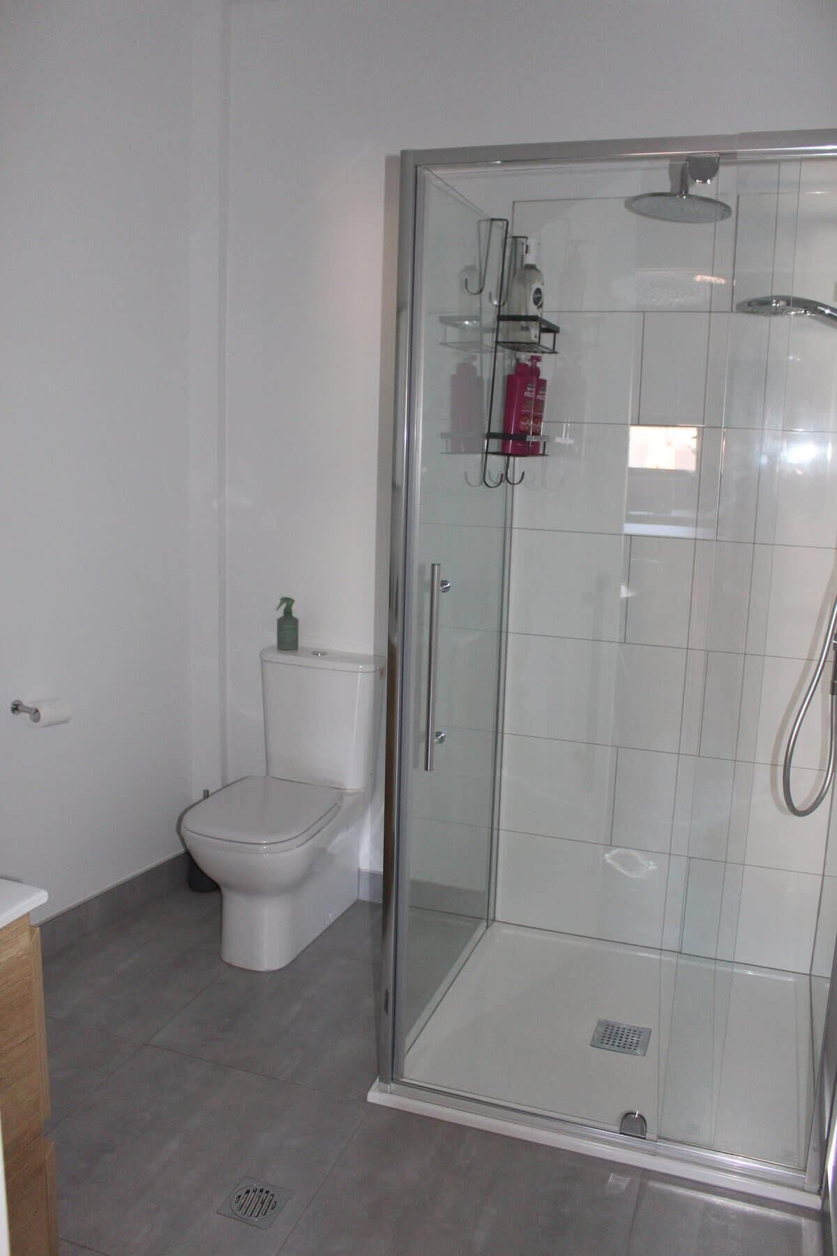 A modern bathroom with a glass shower enclosure, a toilet, and a sink.