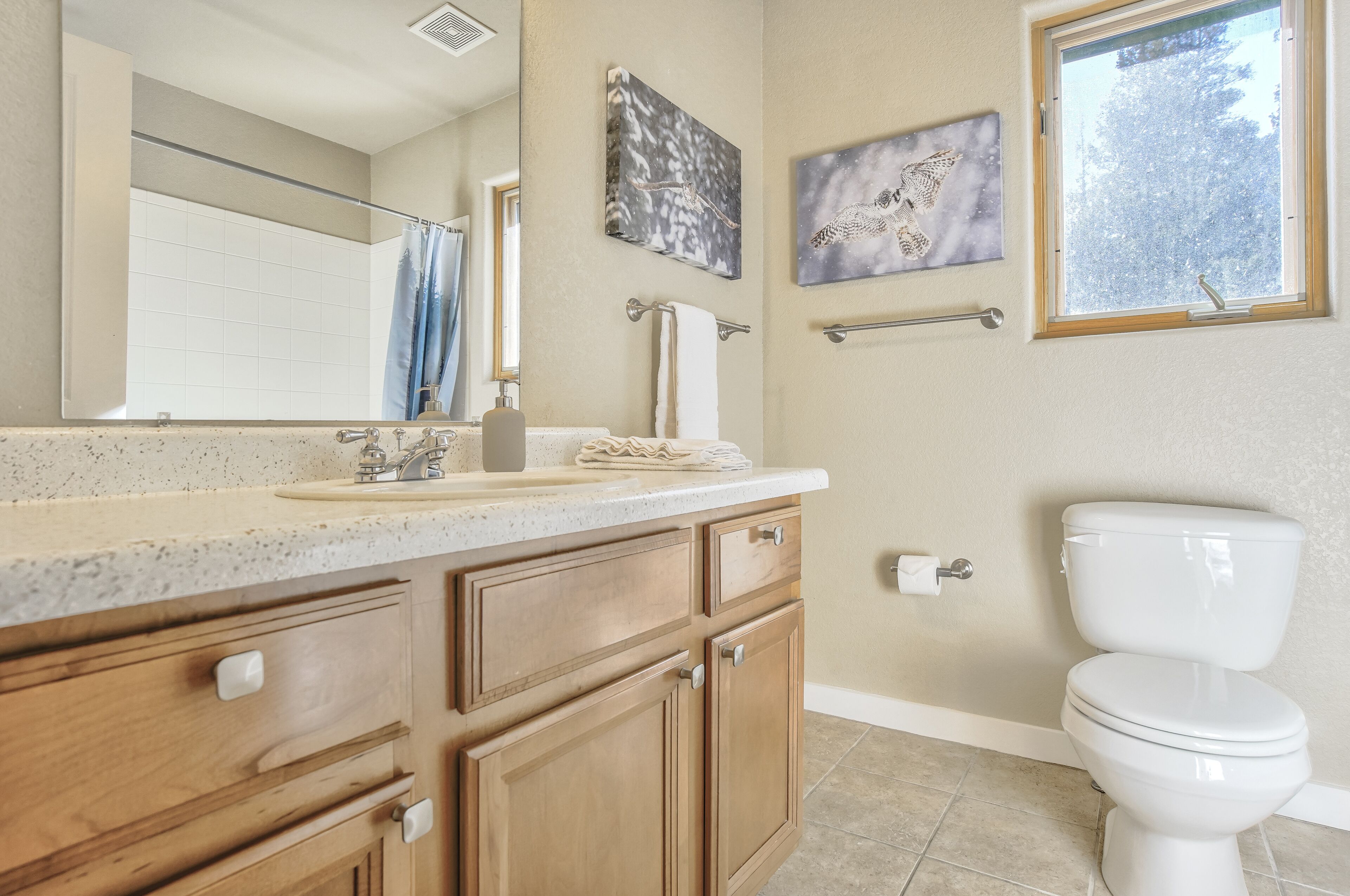 A bathroom with a wooden vanity, a white toilet, a large mirror, and artwork on the walls.