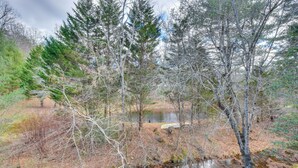 Un paysage naturel avec un petit ruisseau, des arbres denses et un ciel dégagé.