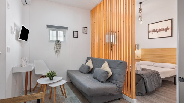 Ein modernes Zimmer mit grauem Sofa, einem kleinen weißen Tisch, einer Holzwand und einem Bett mit grauer Bettdecke. An der Wand hängt ein Stadtbild.