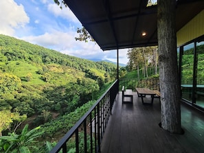 Una terraza de madera con barandilla que da a un exuberante valle verde.