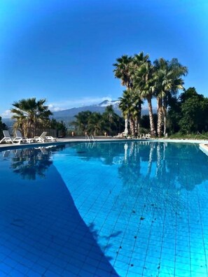 Una piscina con agua azul cristalina, rodeada de palmeras y sillas de descanso.