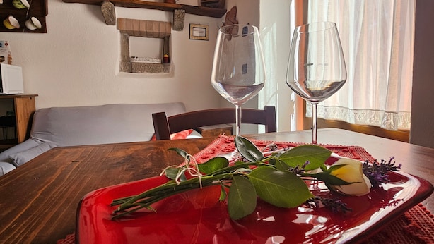A dining table with a red tray, two wine glasses, and a bouquet of flowers. - Holiday Home 'La Casina Rossa Della Fornace' with Mountain View, Private Garden & Wi-Fi (Cutigliano)