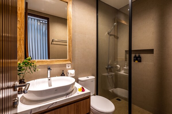 Une salle de bain moderne dotée d’un grand lavabo, de toilettes et d’une douche à parois de verre.