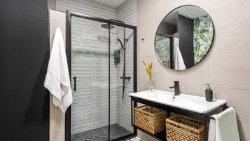 Shower, hair dryer, towels