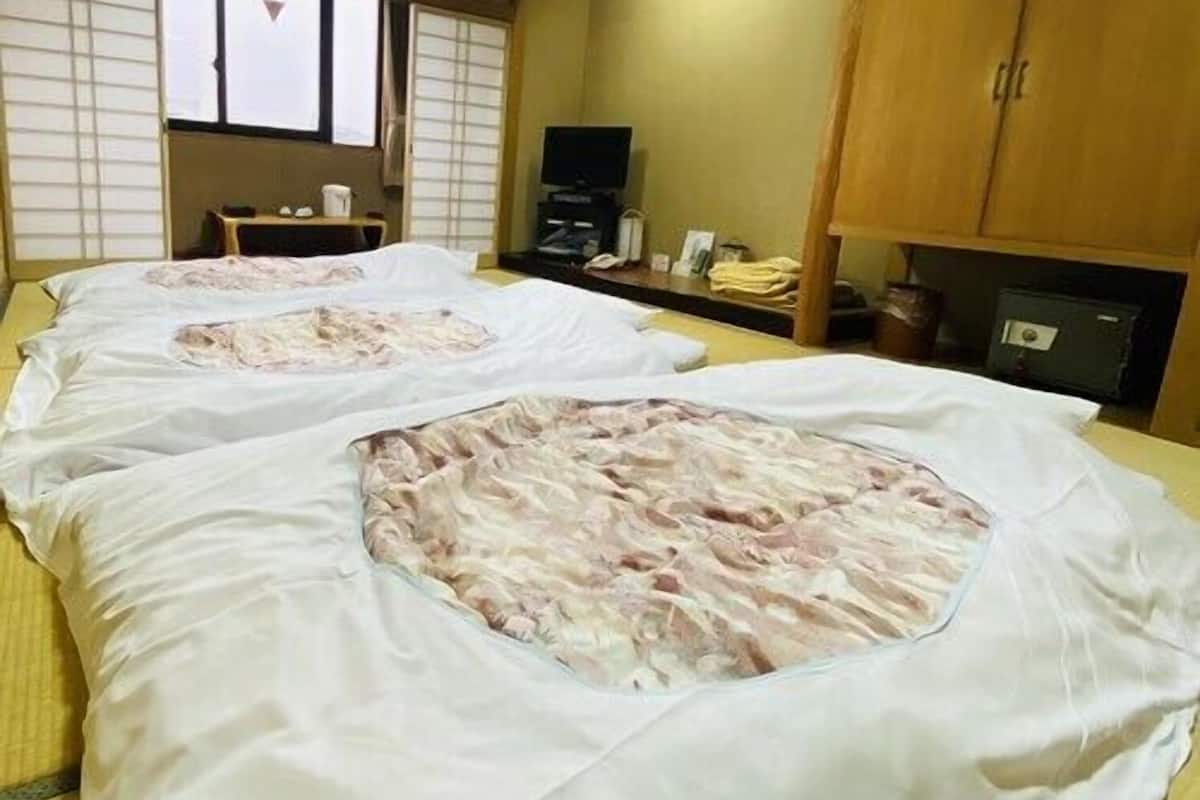 Habitación de hotel con dos camas, un televisor y puertas correderas tradicionales japonesas.