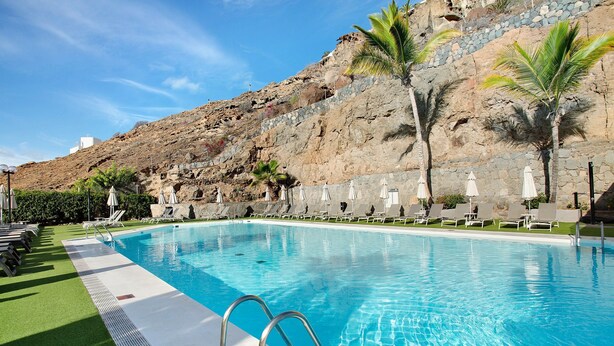 A swimming pool with a stone wall backdrop, lounge chairs, and palm trees.