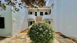 Un patio con un arbusto en el centro, paredes blancas y suelo de piedra.