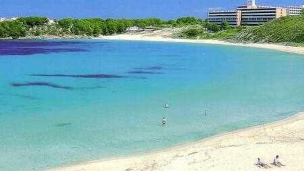 A beach with clear turquoise water, a sandy shore, and a building in the background. - Gregal - Castell Sol - Arenal de Castell (S'Arenal D'En Castell (Menorca) (Urbanitzacio))