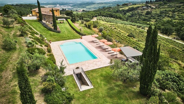 A large swimming pool with a patio area, surrounded by lush greenery and vineyards.