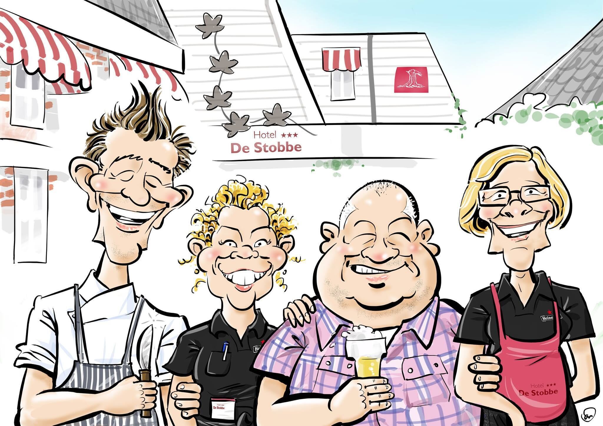 A cartoon illustration of four people in front of a building with a sign that reads "Hotel De Stobbe."