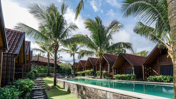 A pool area with a stone pathway, palm trees, and wooden cabins with red roofs.