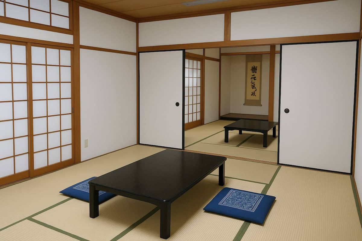 Egy hagyományos japán szoba, tatami szőnyeggel, alacsony asztallal és tolóajtókkal.