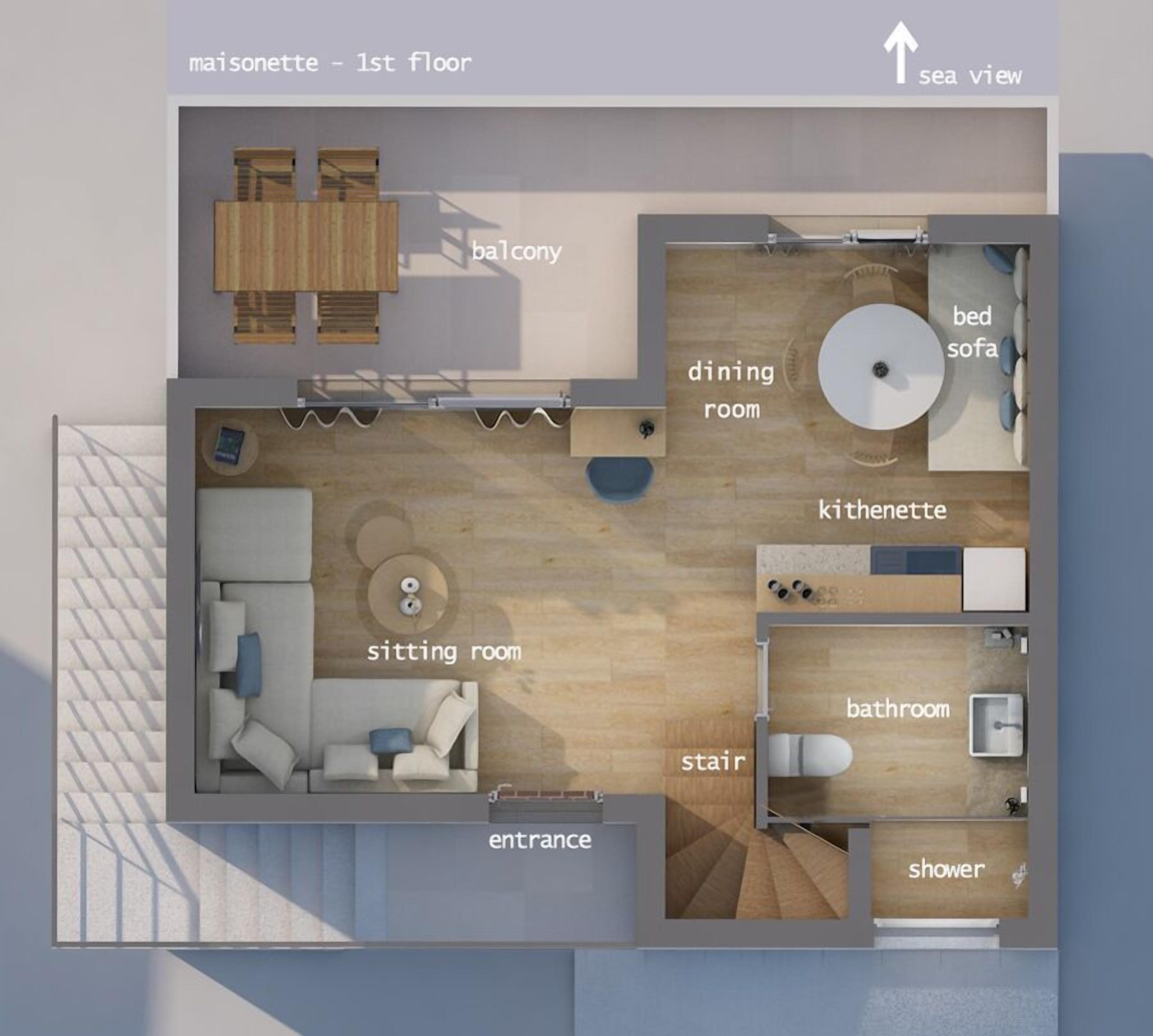 A 1st floor maisonette with a balcony, sitting room, dining room, kitchenette, bathroom, and shower.