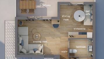 A 1st floor maisonette with a balcony, sitting room, dining room, kitchenette, bathroom, and shower.