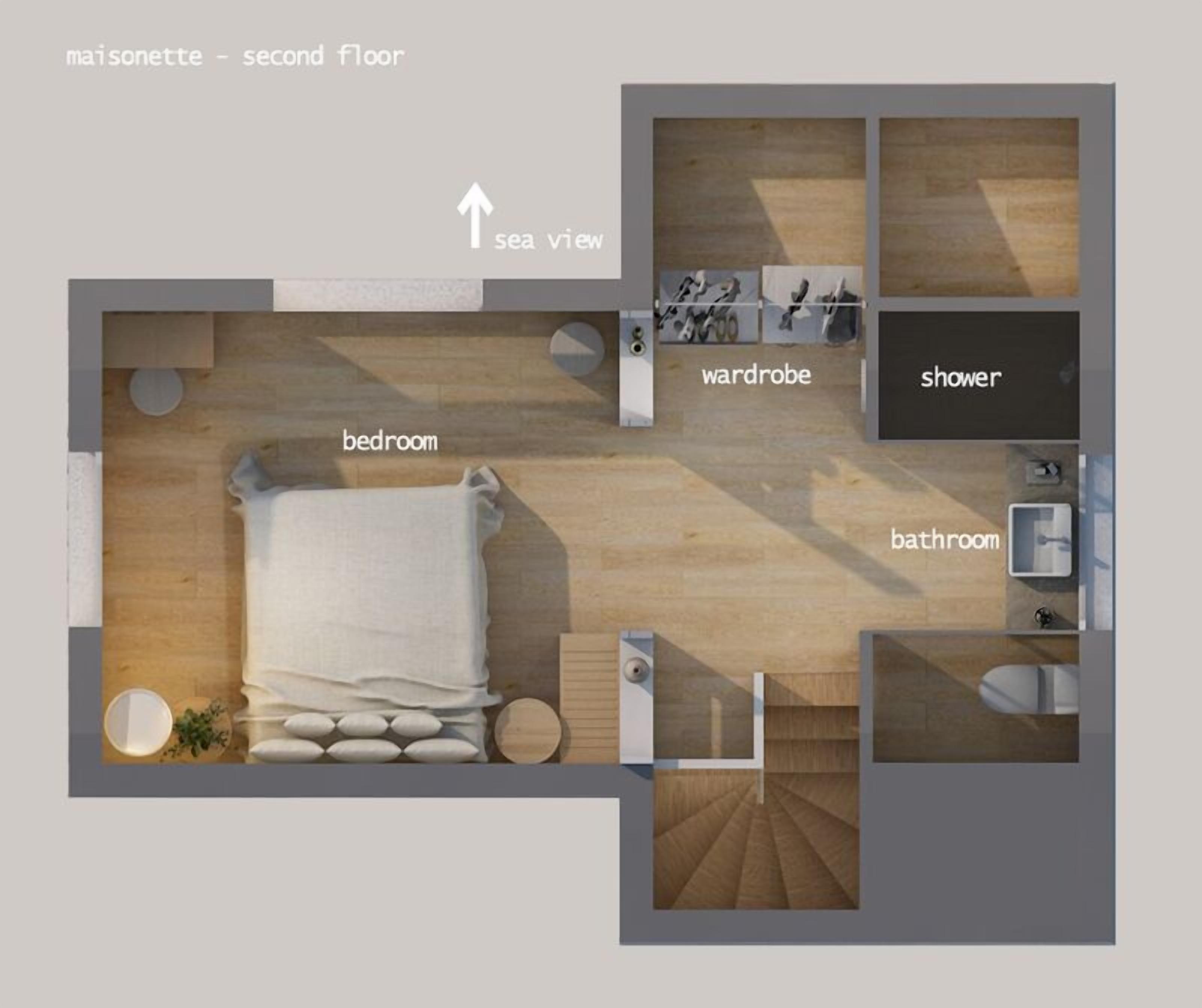 A maisonette on the second floor with a sea view, including a bedroom, wardrobe, shower, and bathroom.