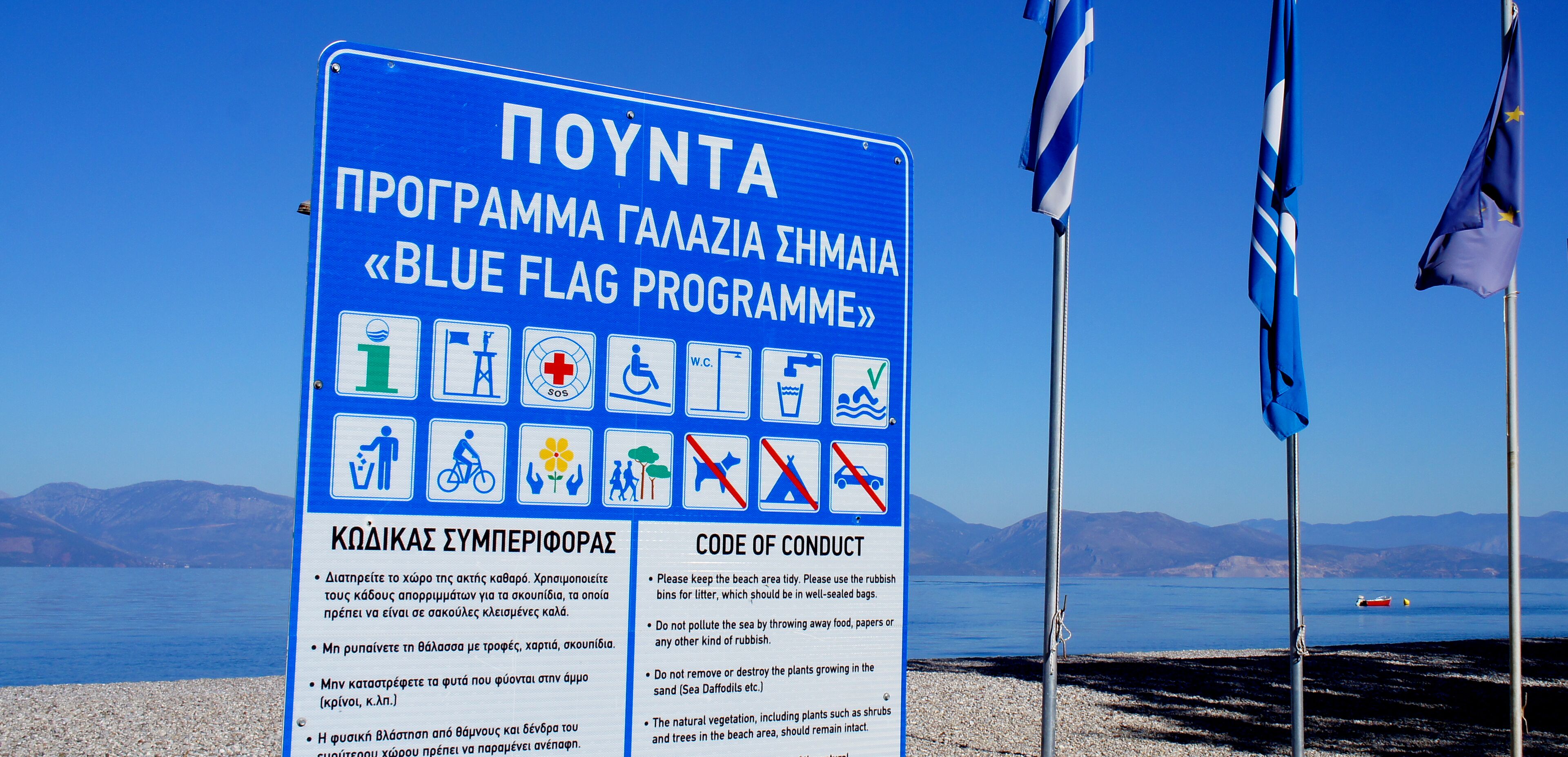 A signboard with guidelines for beach conduct and symbols for various activities.