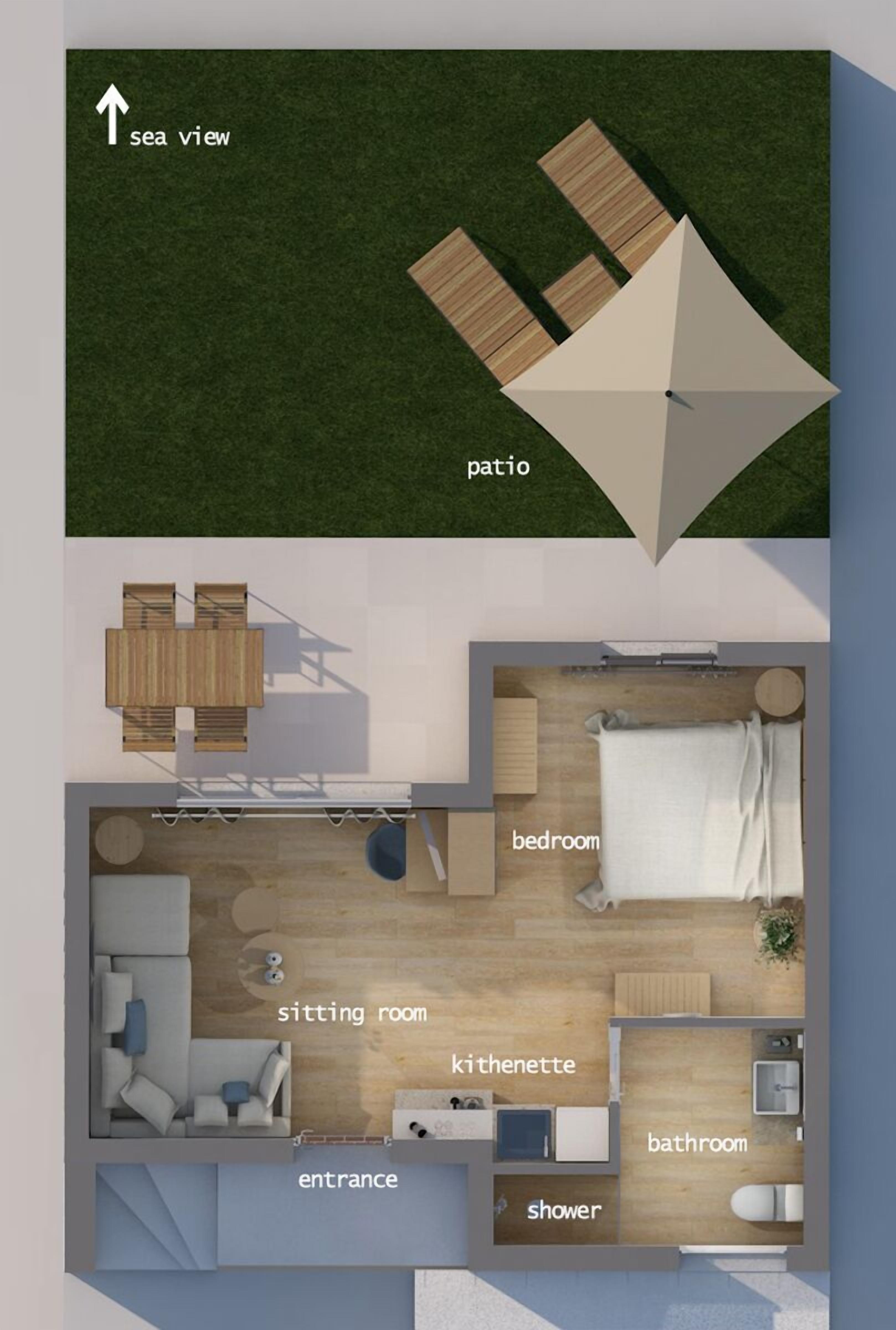 Une maison à deux étages avec un patio offrant une vue sur la mer, un salon, une chambre, une kitchenette, une salle de bain et une douche.
