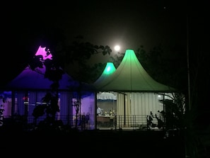 A tent with a green roof, a purple-lit room, and a moon in the background.