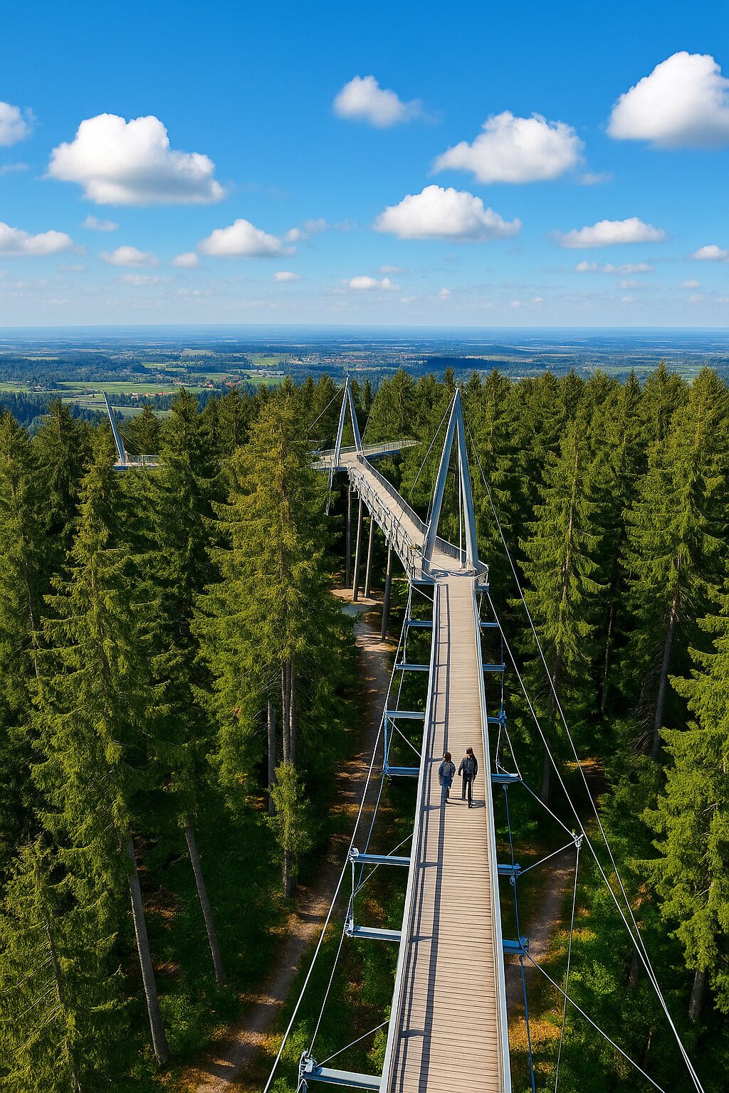 A suspension bridge in a forested area with a clear view of the landscape beyond.