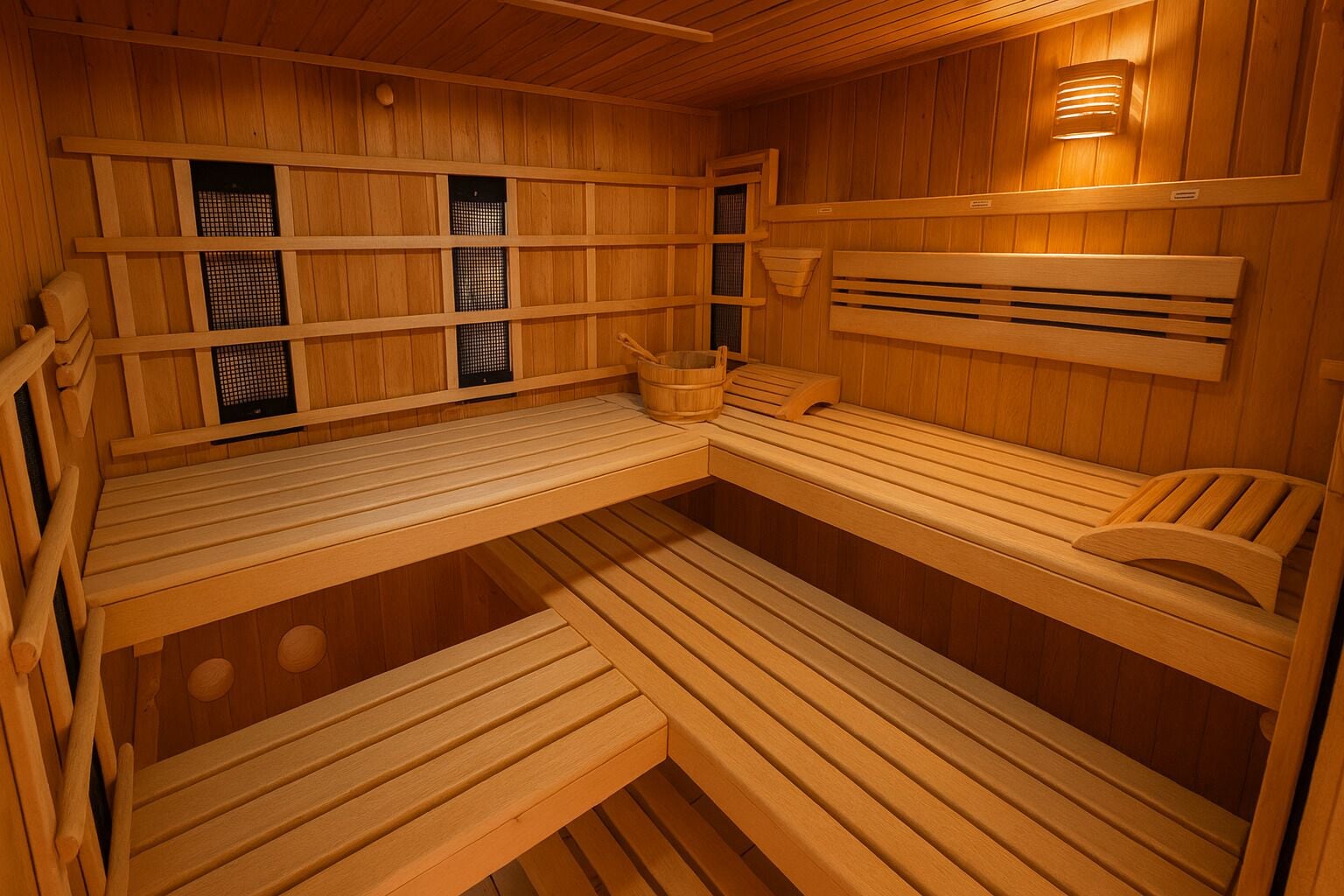 A sauna with wooden benches and a bench seat, a wooden wall with a ventilation system, and a wooden floor.