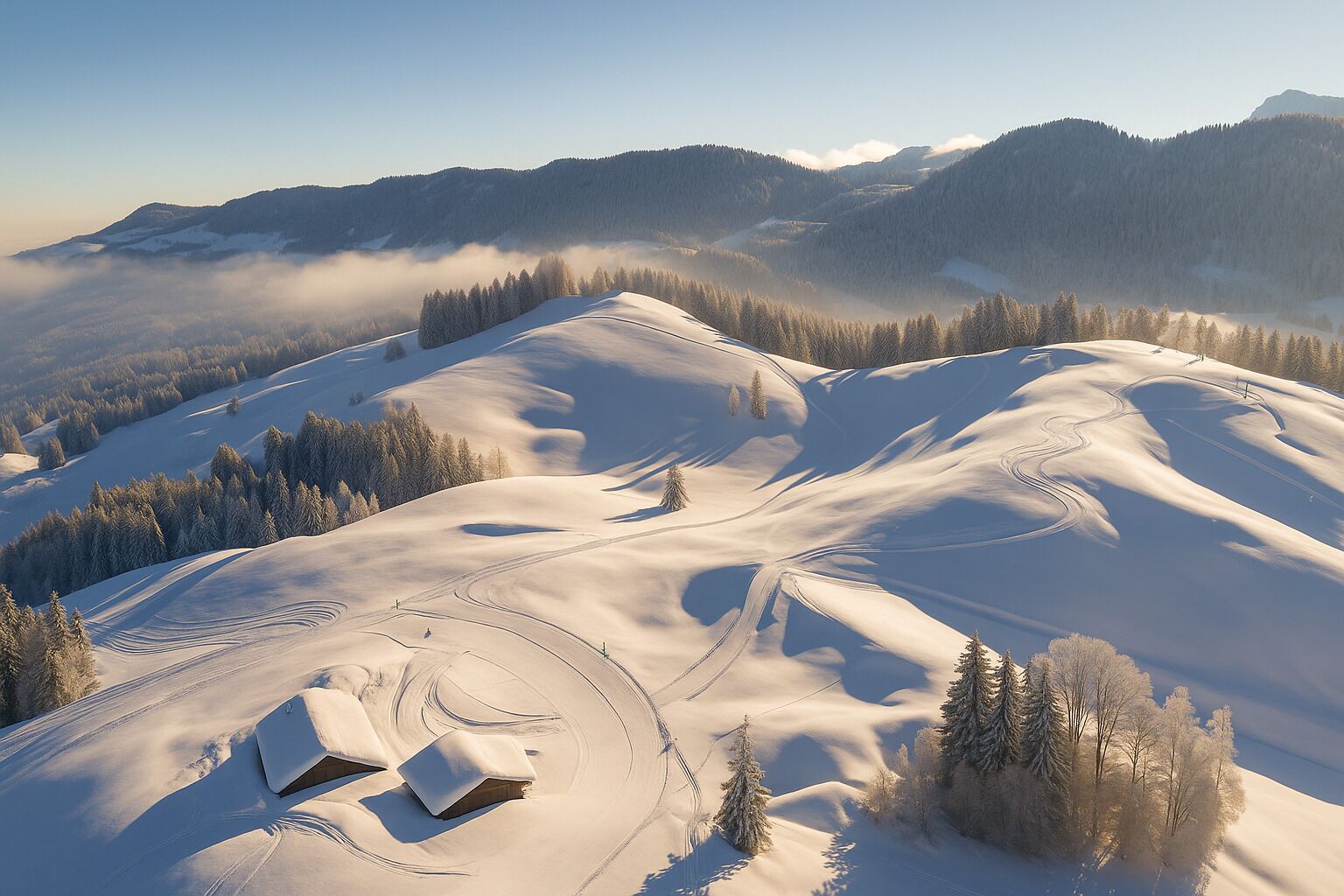 A snow-covered mountain landscape with ski tracks and a cabin.