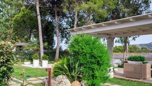 Um pátio com jardim, mobiliário externo, pérgula e diversas plantas.