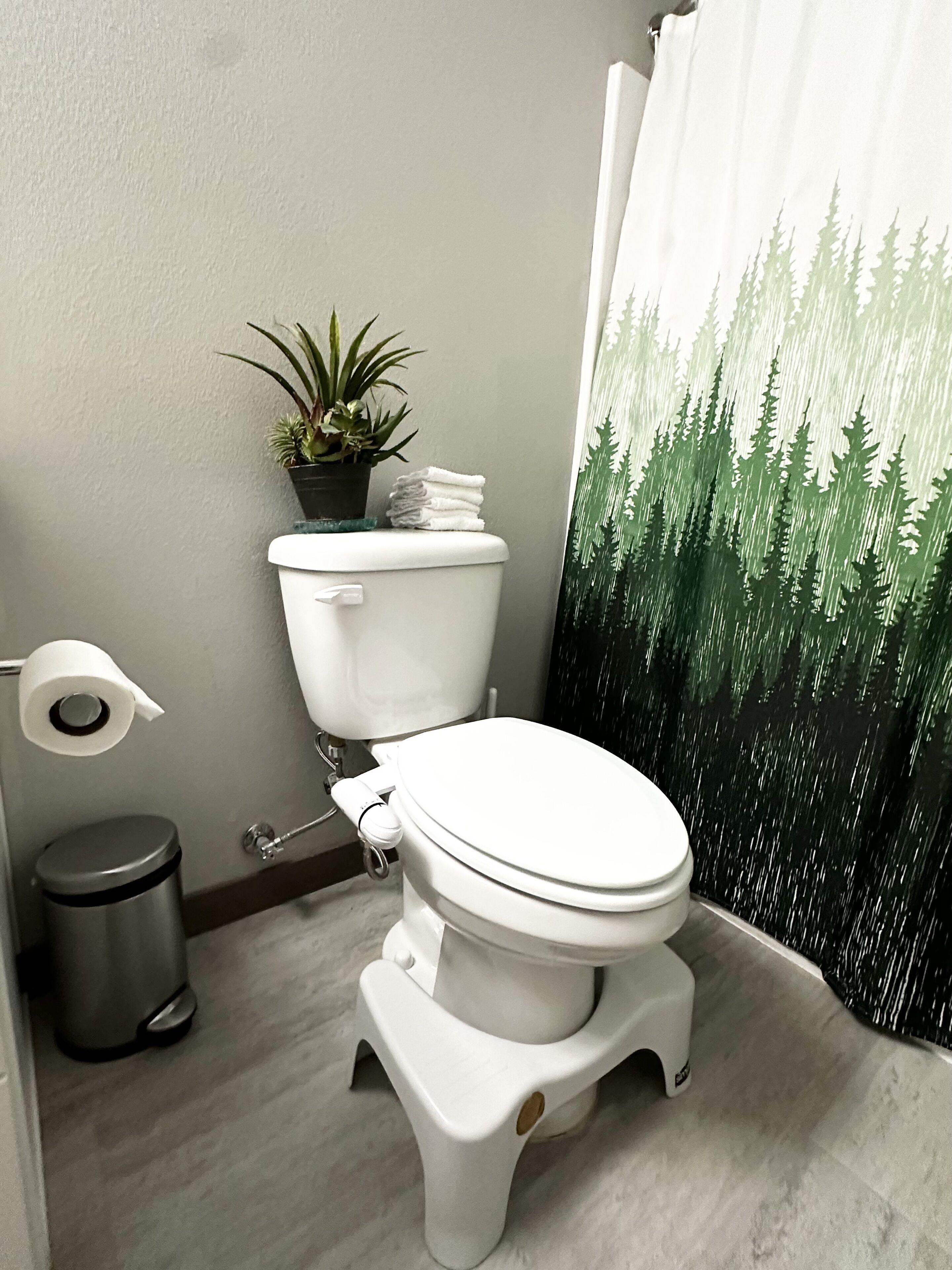 A bathroom with a toilet, a trash bin, a toilet paper holder, a small potted plant, and a shower curtain with a forest design.