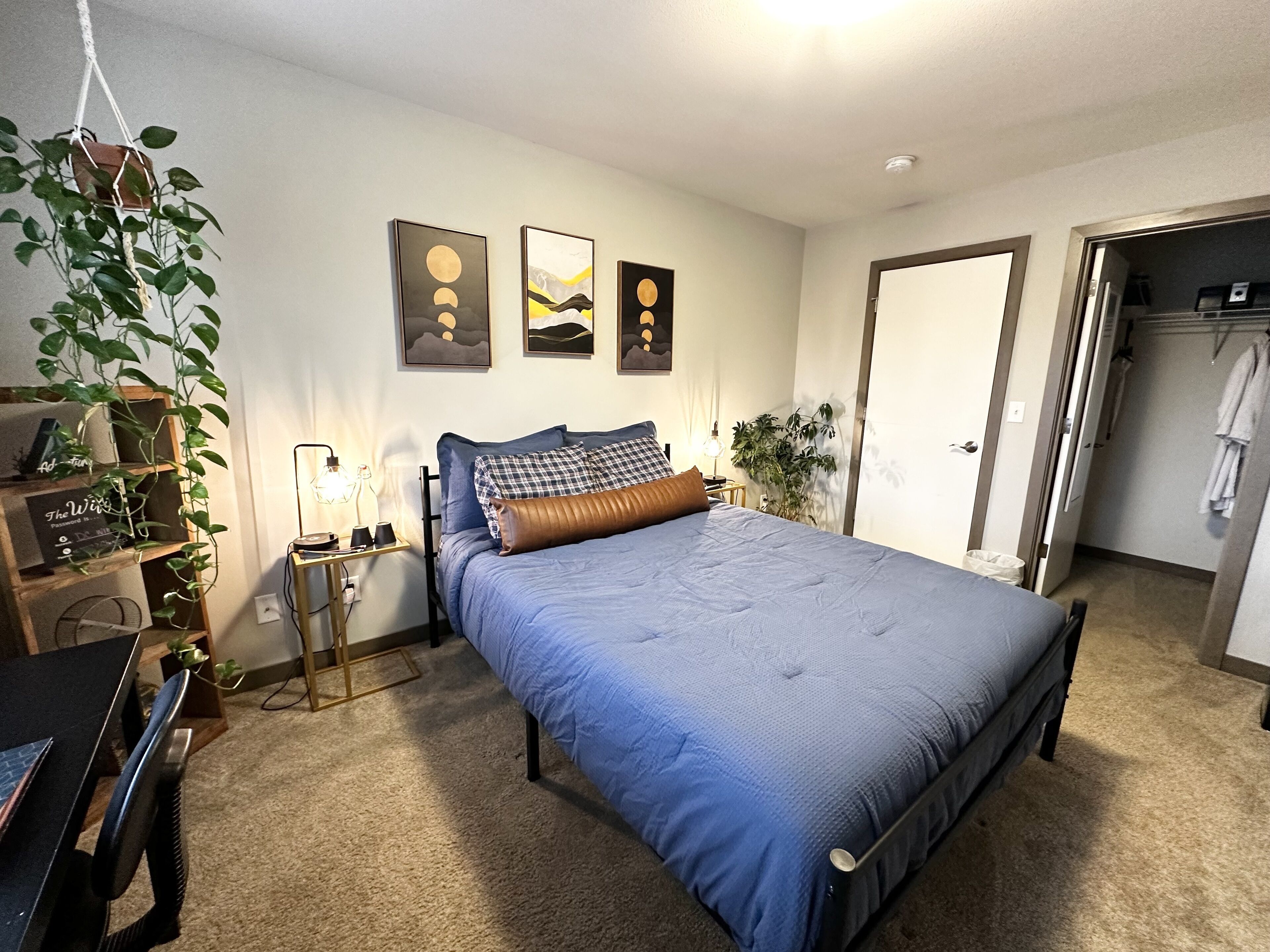 A bedroom with a bed, a desk, a chair, a hanging plant, and a wall with three framed pictures.