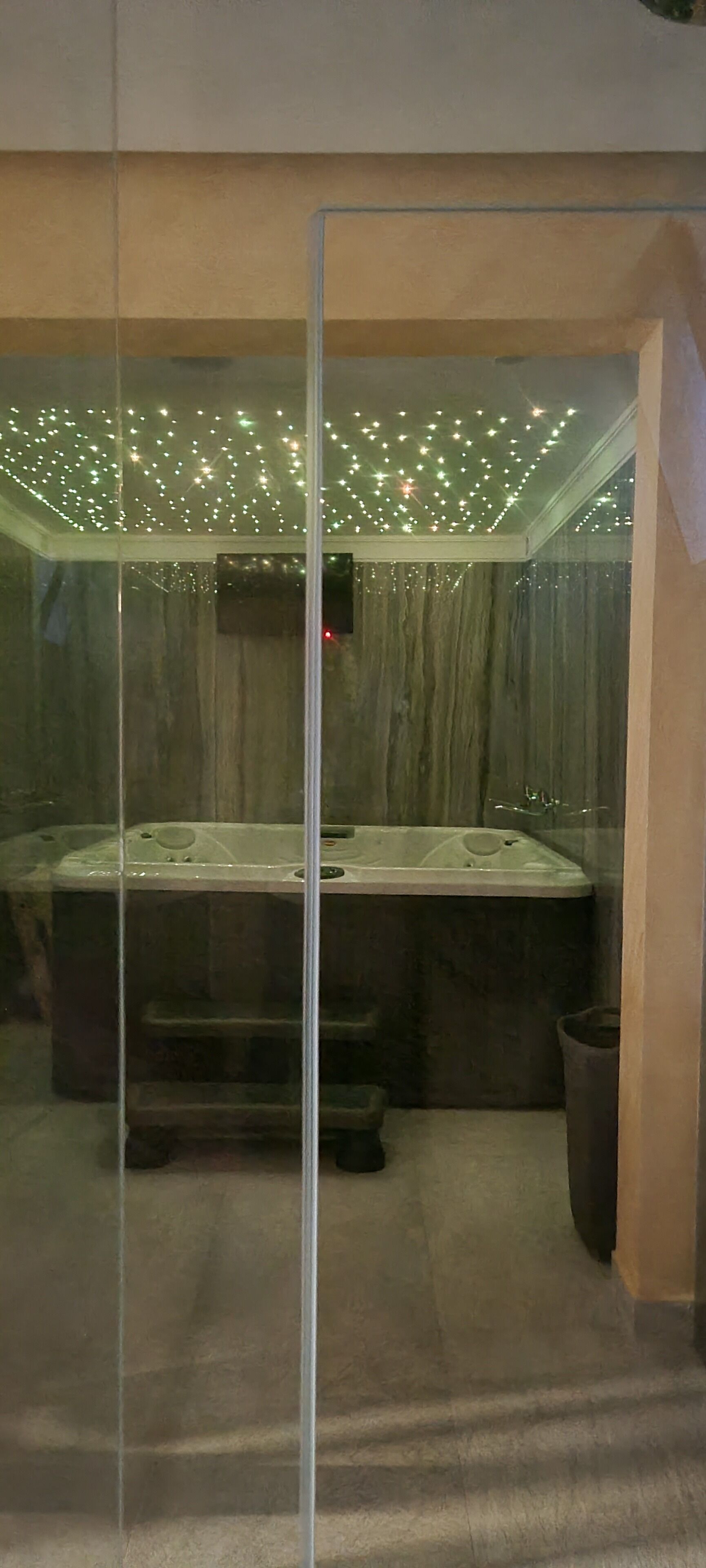 Un baño moderno con mampara de vidrio, una bañera grande y un techo con luces pequeñas.