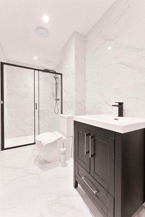 Dusche, Haartrockner, Handtücher, Shampoo