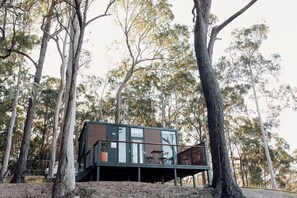 A modern cabin with a deck, surrounded by eucalyptus trees. - Tiny Tamborine 1 by Tiny Away (Wongawallan)