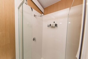 A modern shower with a glass door, a handheld showerhead, and a soap dish mounted on the wall. - The Stables by Tiny Away (Palmwoods)