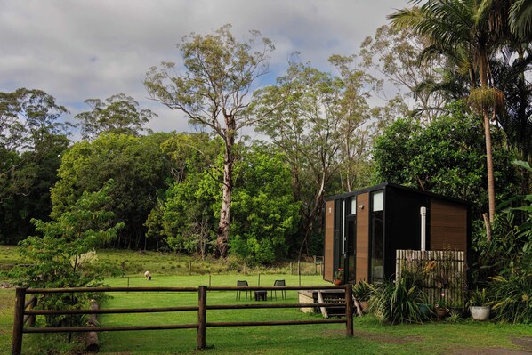 A rustic wooden cabin with a glass door, surrounded by a lush green landscape and a fenced area with a chair and table.