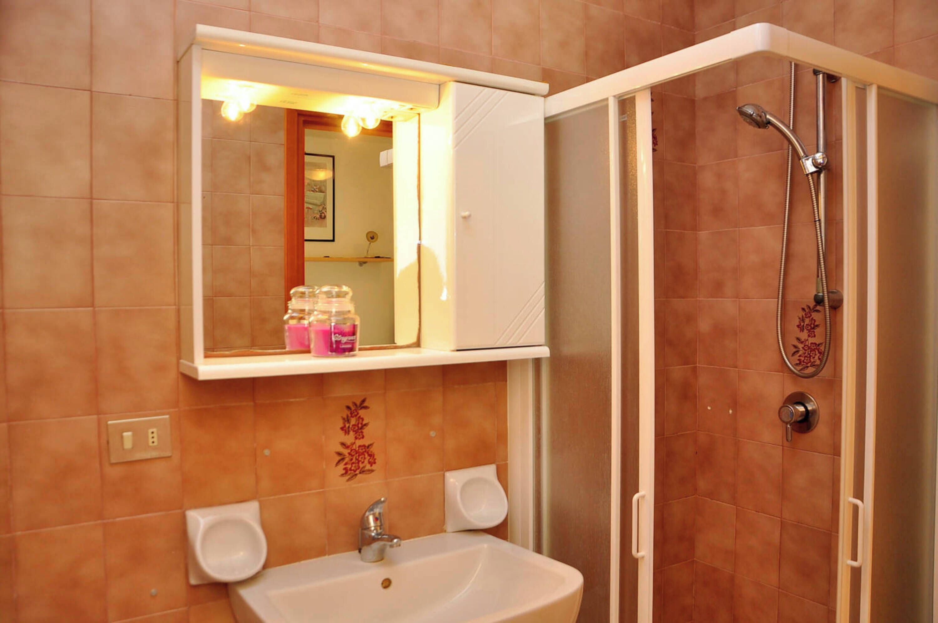 A bathroom with a sink, mirror, and shower.