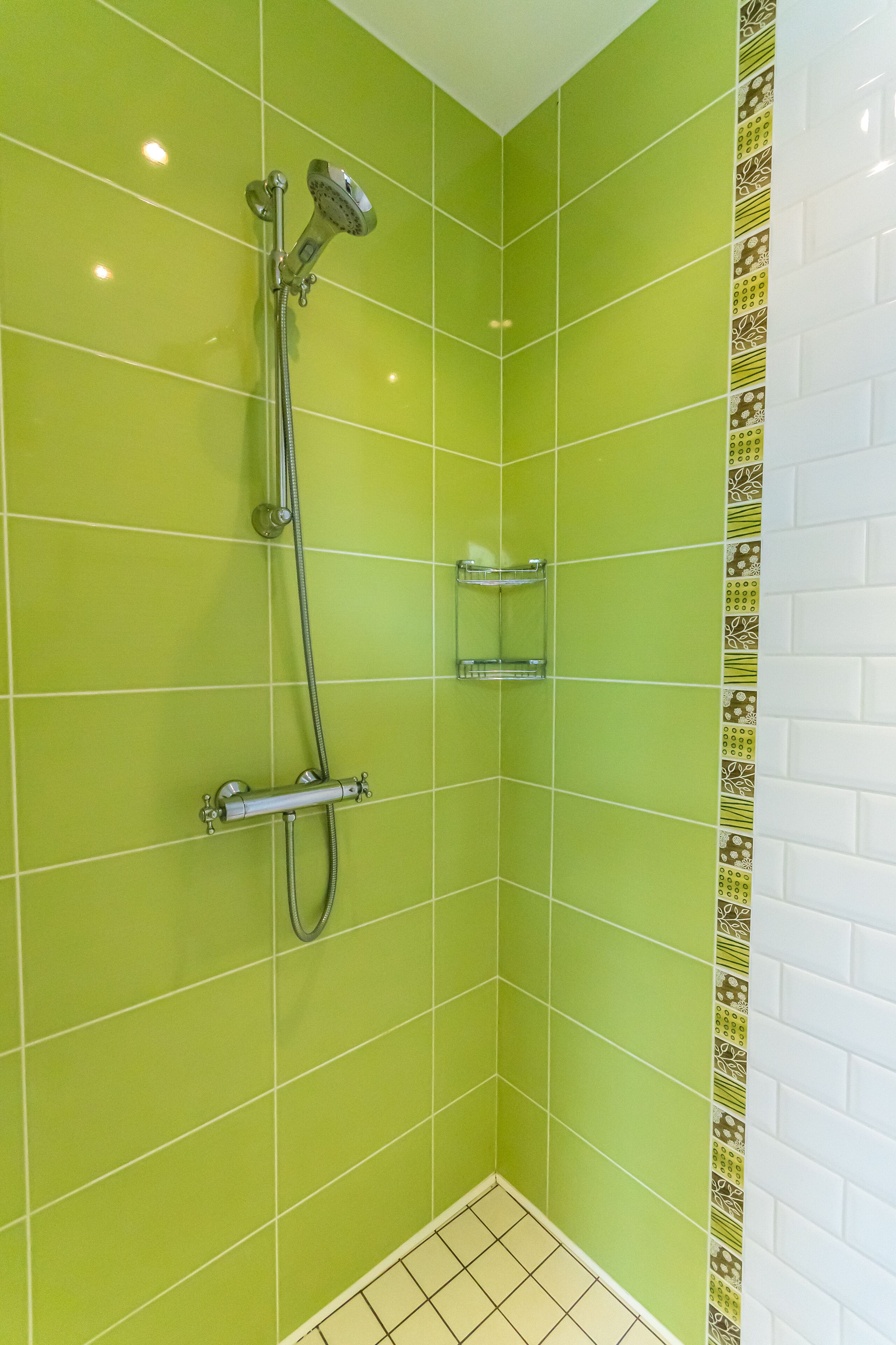 Une douche équipée d’un pommeau de douche à main et d’un robinet mural, d’une étagère en verre et d’un sol carrelé.