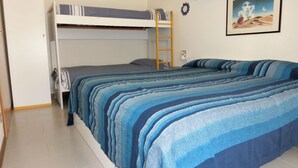 Une chambre avec un lit superposé, une couette à rayures bleues et grises, une échelle et un tableau encadré accroché au mur.