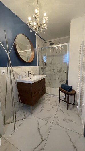 Eco-friendly toiletries, hair dryer, towels, soap